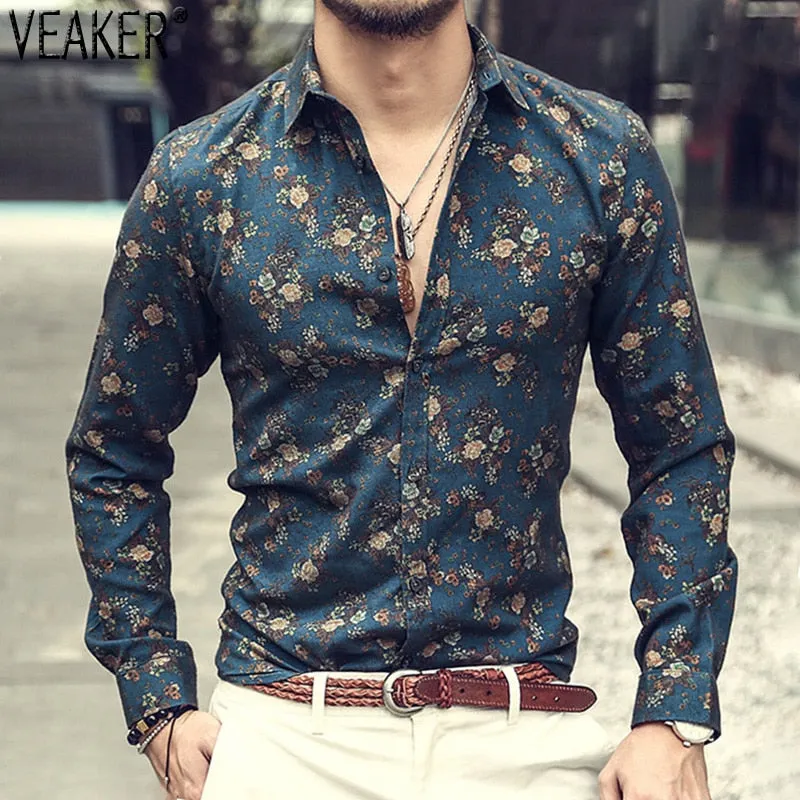 2020 New Men's Silk Satin Floral Printed Shirts Male Slim Fit Long Sleeve Flower Shirts Print Casual Party Shirt Tops M-3XL