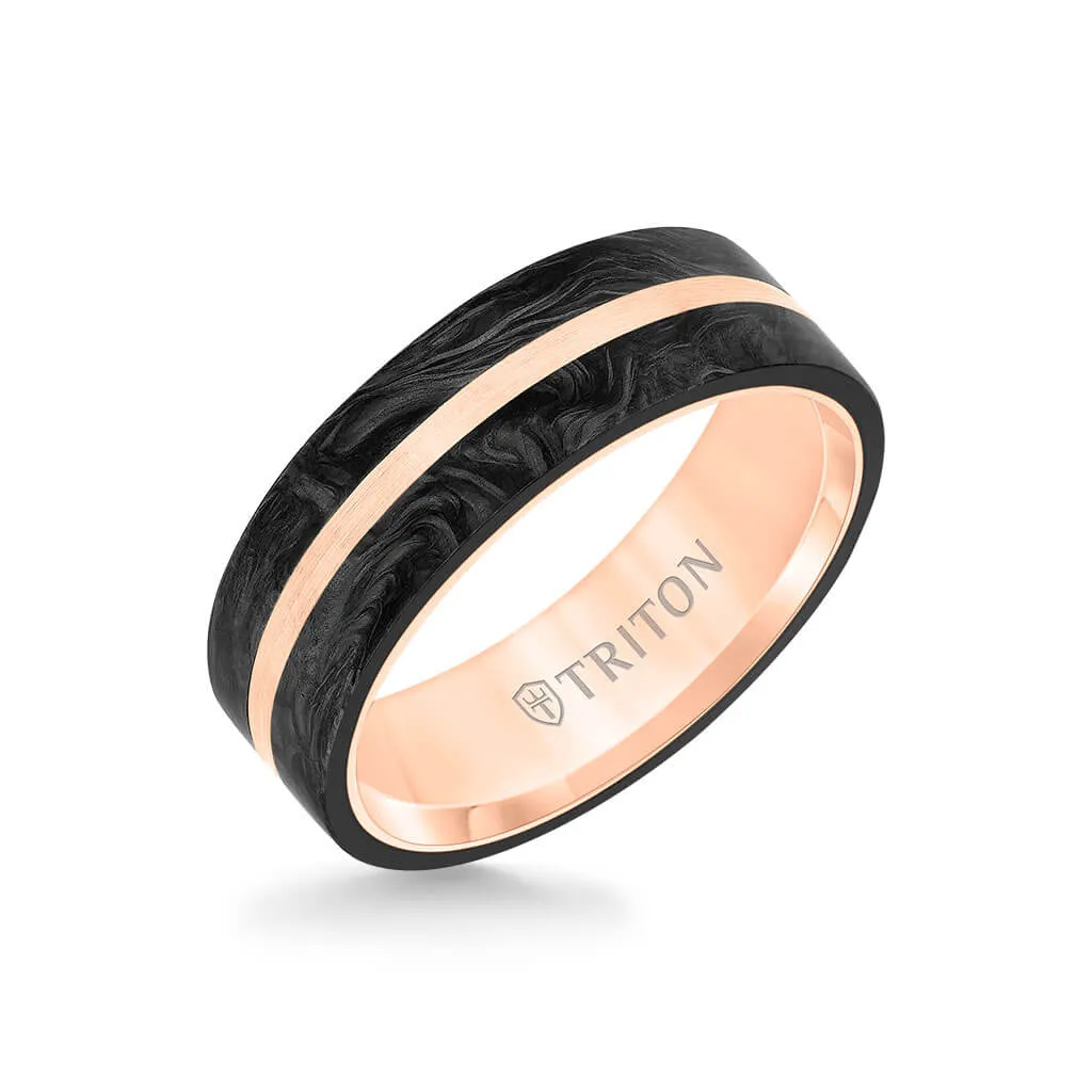 7MM 14K Gold Ring   Forged Carbon - Flat Profile and Center Channel