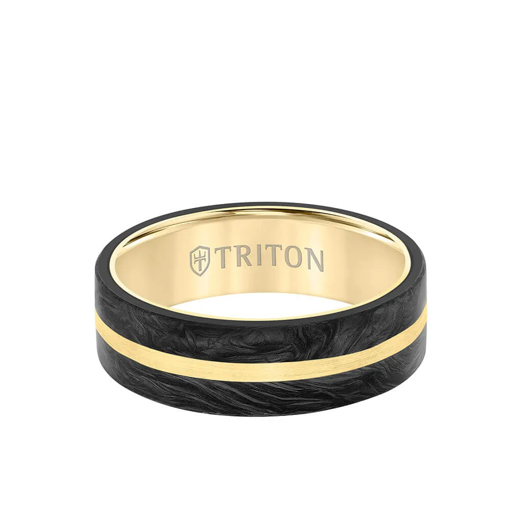 7MM 14K Gold Ring   Forged Carbon - Flat Profile and Center Channel