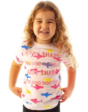 Baby Shark Glitter All Over Shark Print Girl's T-Shirt - Pink