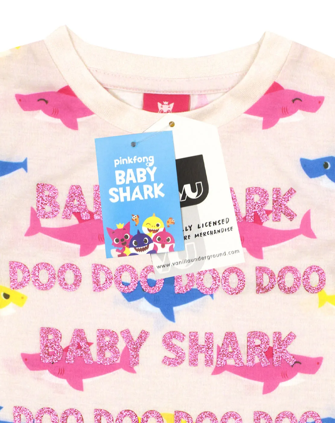 Baby Shark Glitter All Over Shark Print Girl's T-Shirt - Pink