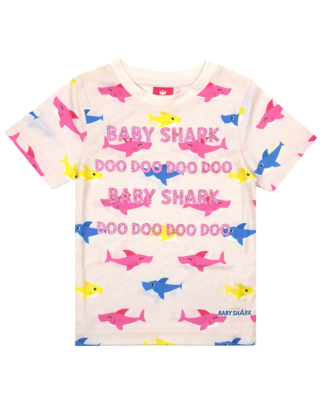 Baby Shark Glitter All Over Shark Print Girl's T-Shirt - Pink