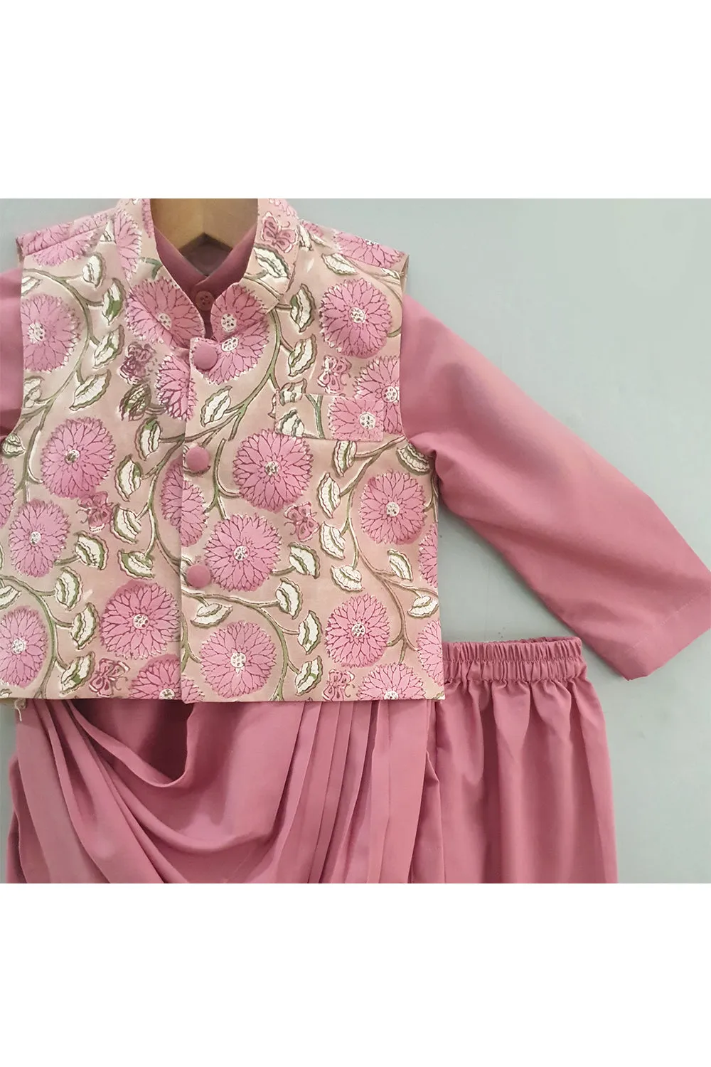 Beige printed jacket with mauve cowl draped kurta Pyjama set