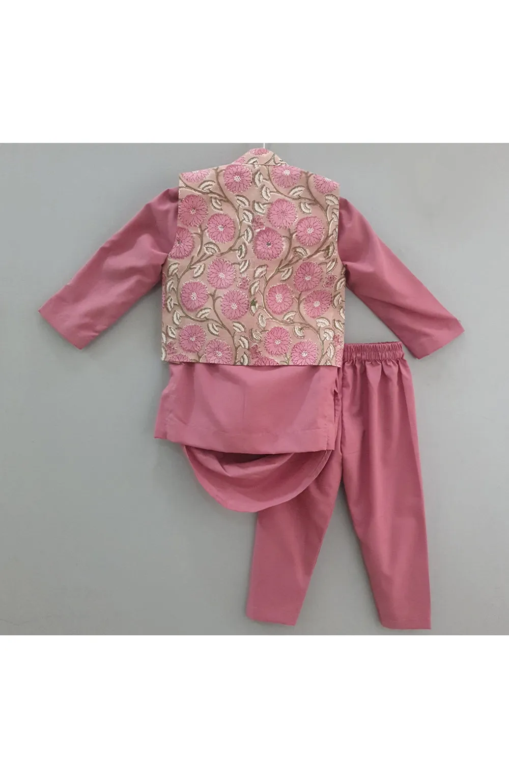 Beige printed jacket with mauve cowl draped kurta Pyjama set