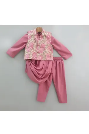 Beige printed jacket with mauve cowl draped kurta Pyjama set