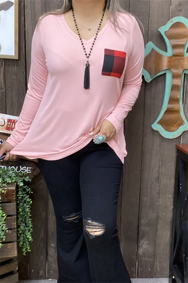 BQ8142 Pink long sleeve w/plaid printed back women tops w/front pocket (ES2)