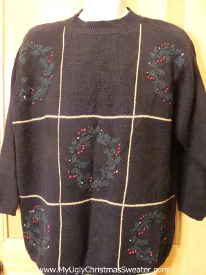 Cheap Black Funny Ugly Sweater with Festive Wreath Grids