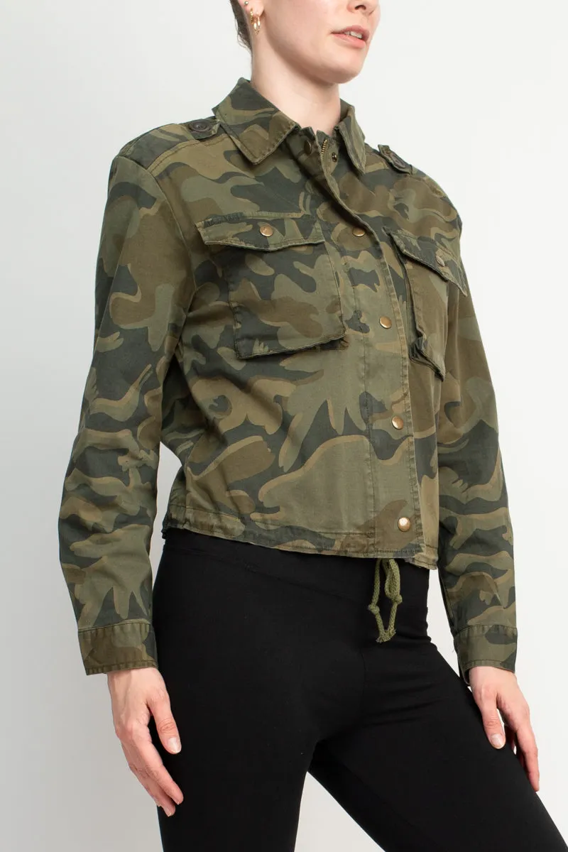 Collared Snap Button & Zipper Closure Drawstring Hem Long Sleeve Multi Print Denim Jacket with Pockets