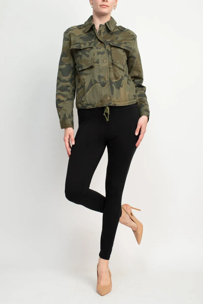 Collared Snap Button & Zipper Closure Drawstring Hem Long Sleeve Multi Print Denim Jacket with Pockets