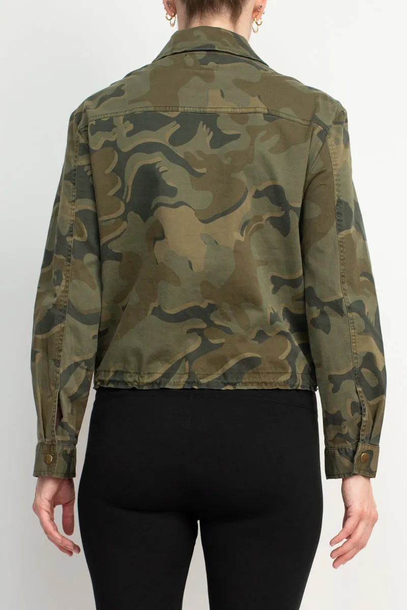 Collared Snap Button & Zipper Closure Drawstring Hem Long Sleeve Multi Print Denim Jacket with Pockets