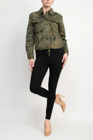Collared Snap Button & Zipper Closure Drawstring Hem Long Sleeve Multi Print Denim Jacket with Pockets