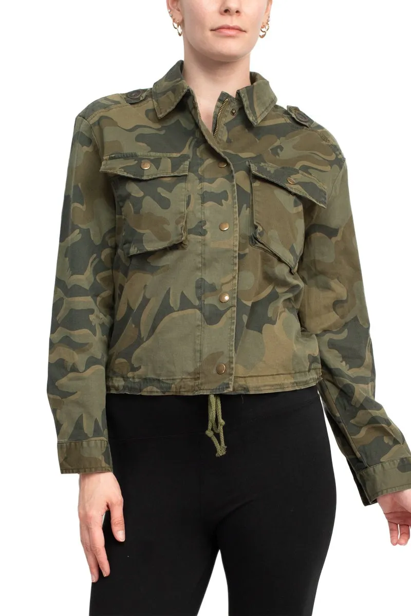 Collared Snap Button & Zipper Closure Drawstring Hem Long Sleeve Multi Print Denim Jacket with Pockets