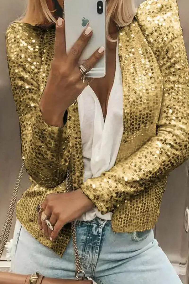 Dunnmall Casual Solid Sequins Patchwork Outerwear(5 Colors)