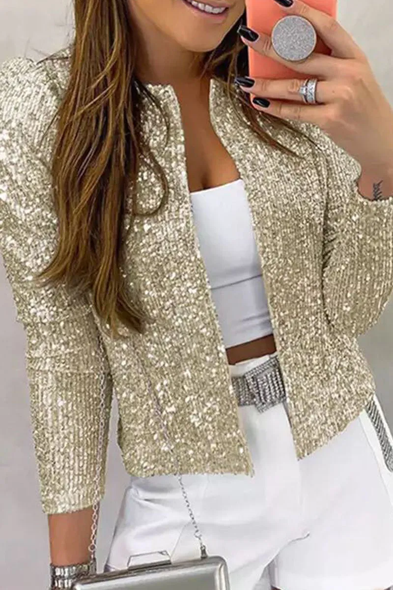 Dunnmall Casual Solid Sequins Patchwork Outerwear(5 Colors)