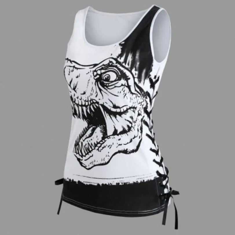 feitong 2018 New Fashion Popular  Summer Women Sleeveless Vest Tops Dinosaur Print Tees Vest Notes Strappy Clothes