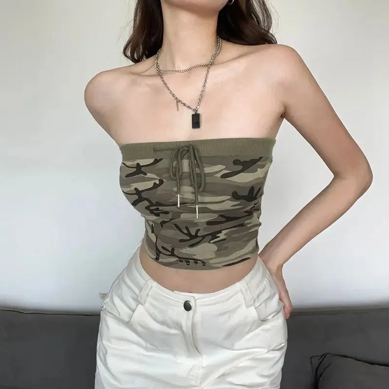 Girlary Sexy Women Streetwear Camouflage Tanks Summer Fashion Vest Lace Up Off Shoulder Female Clothing Casual New Sleeveless Crop Tops