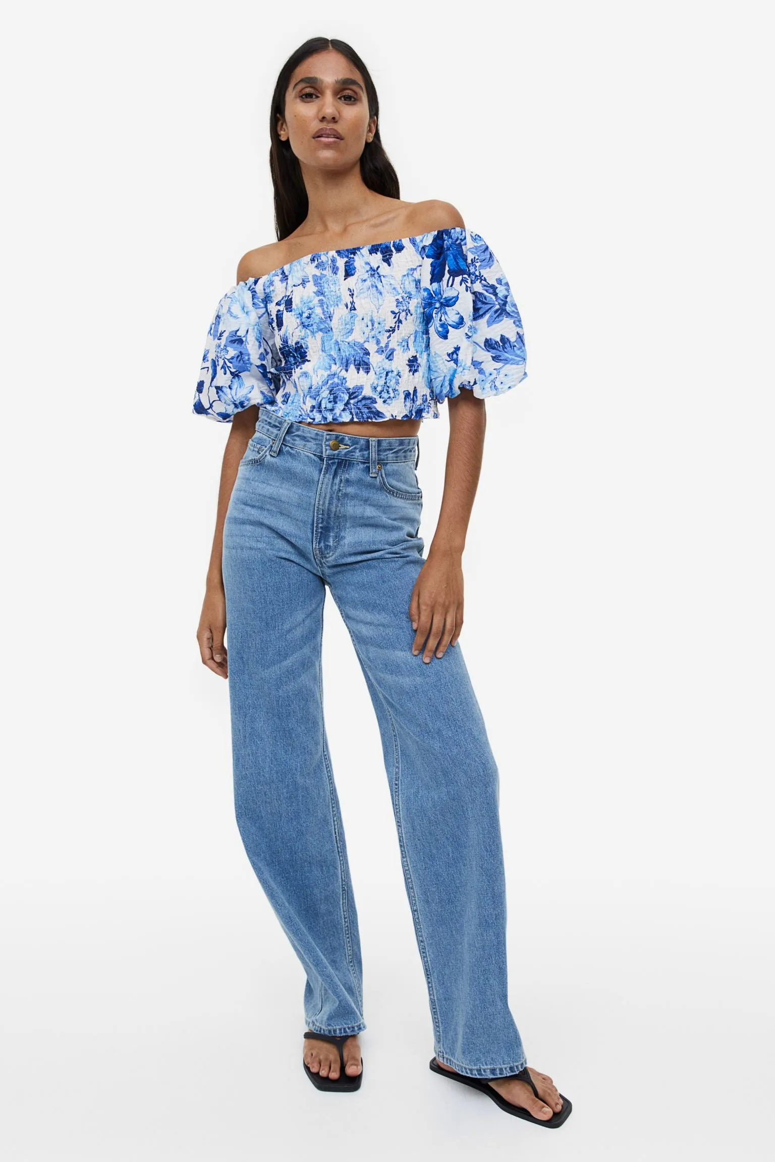 H&M Open-backed Rib-knit blouse, white/blue