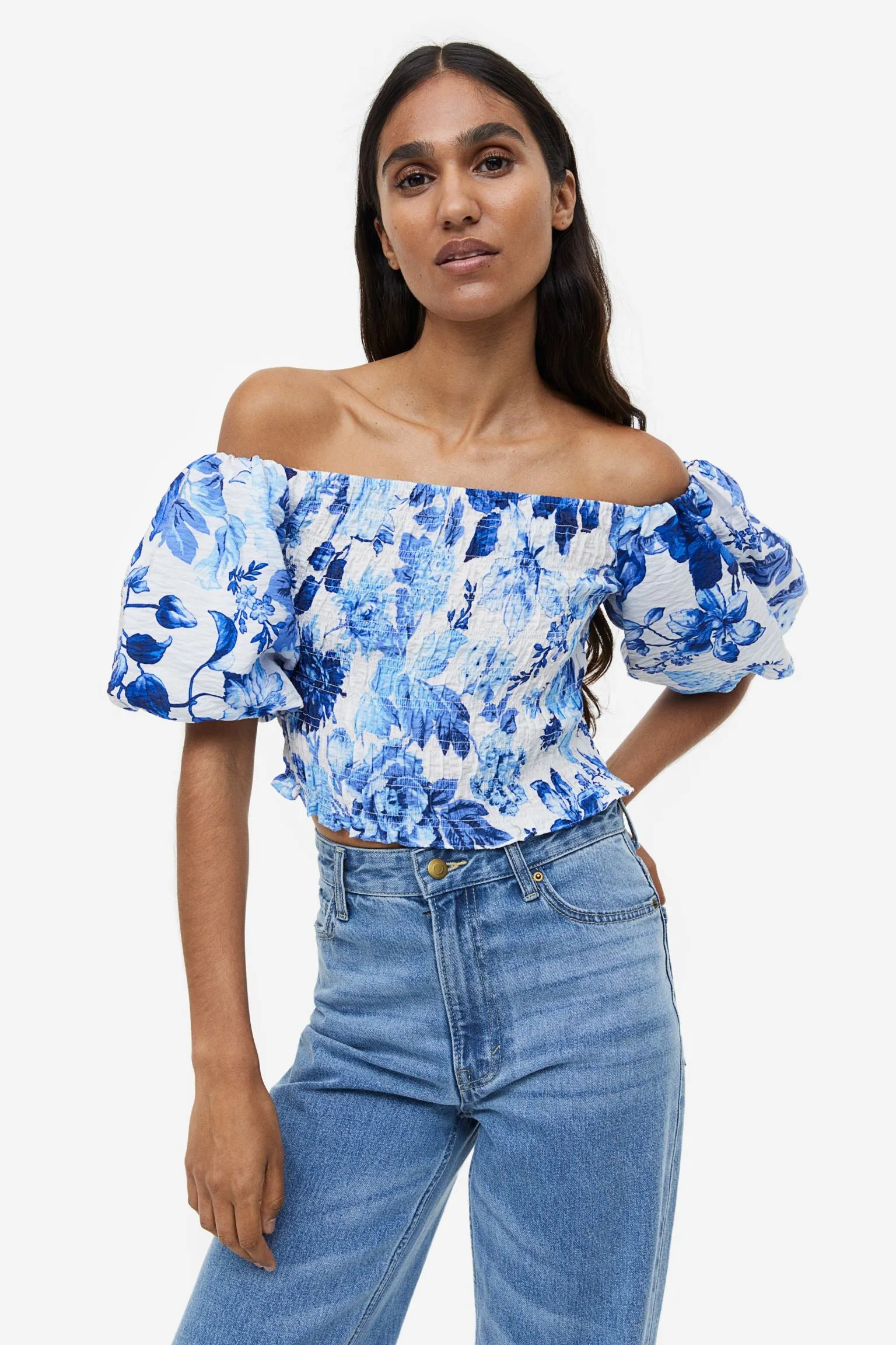 H&M Open-backed Rib-knit blouse, white/blue