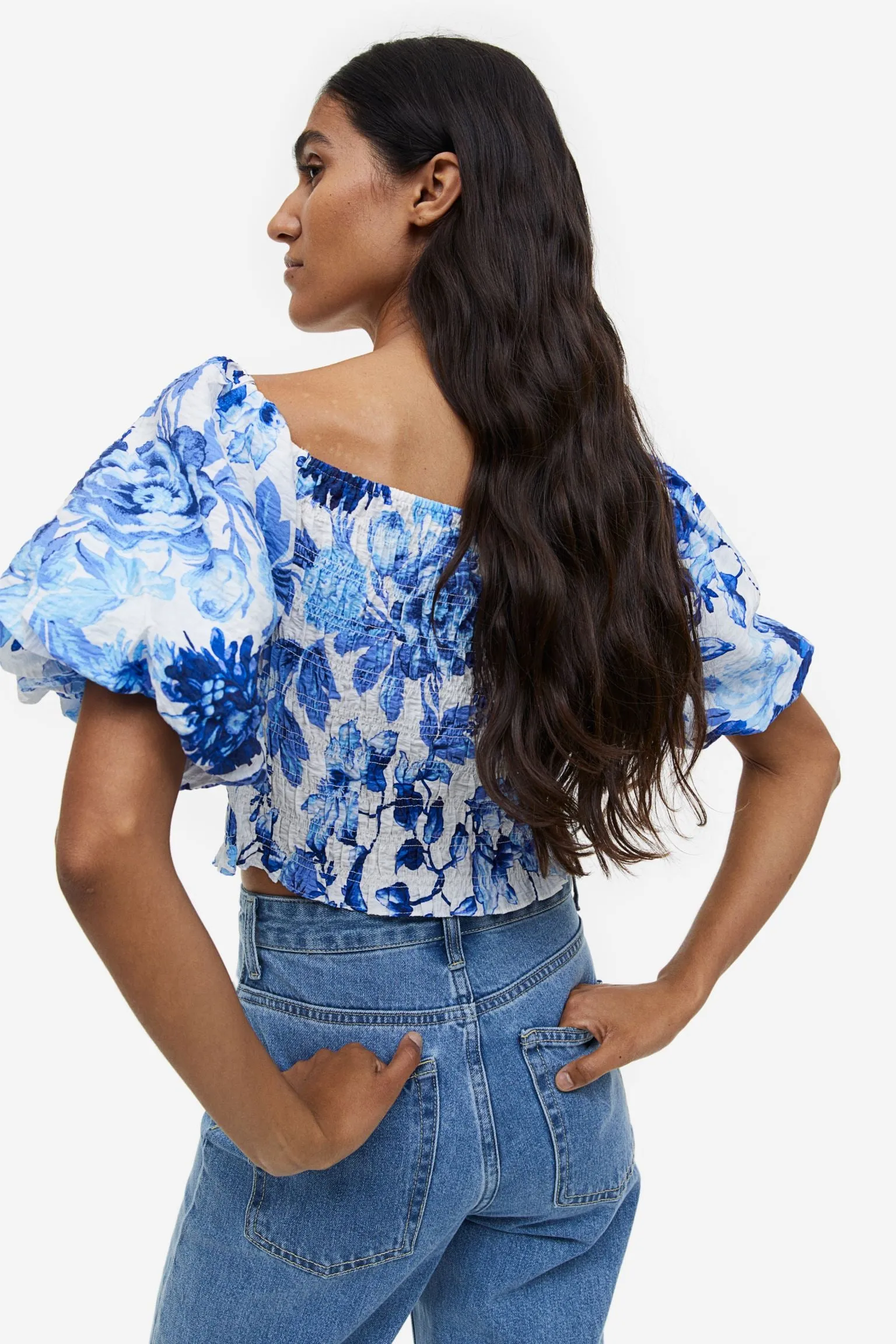 H&M Open-backed Rib-knit blouse, white/blue