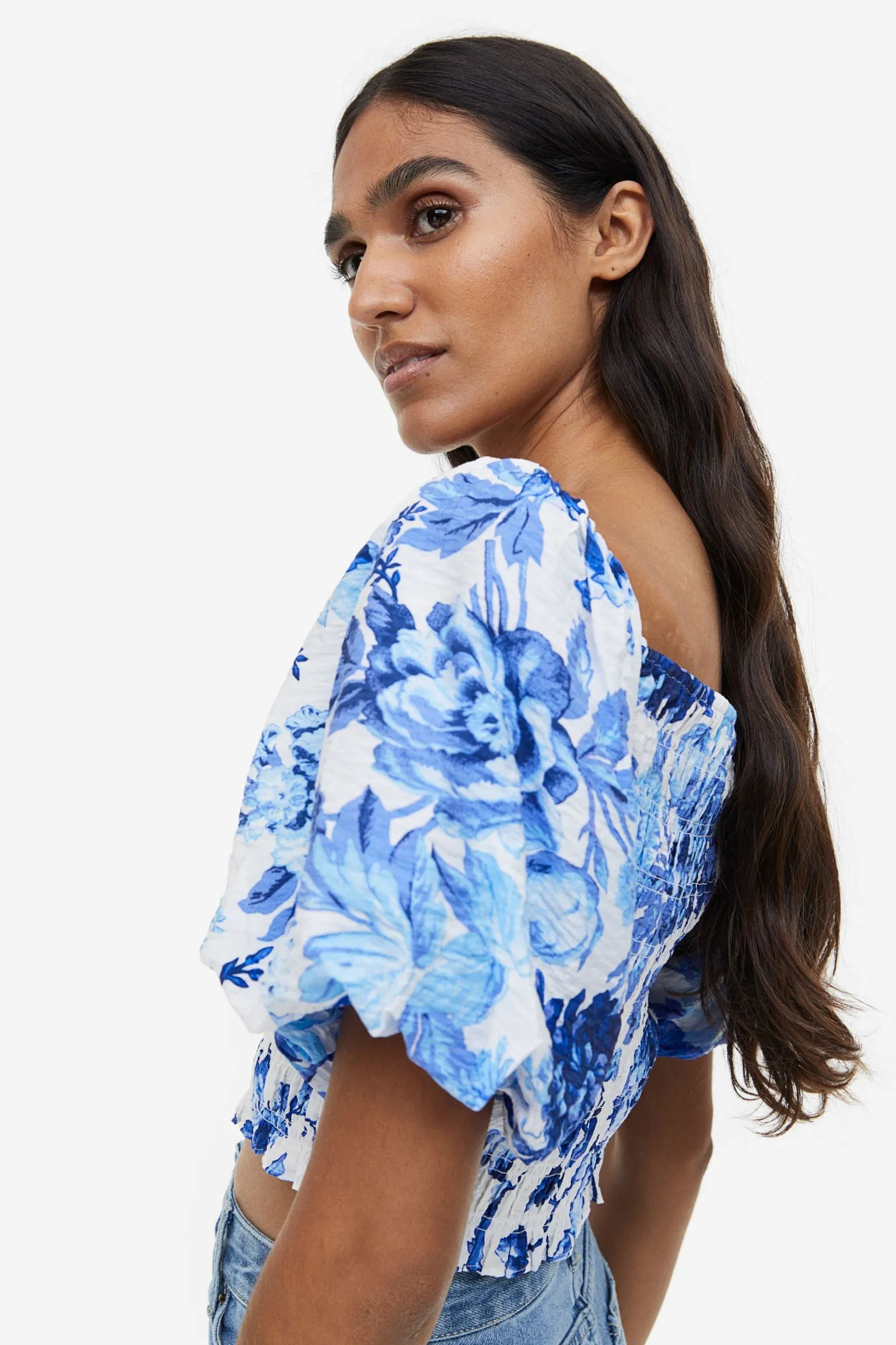 H&M Open-backed Rib-knit blouse, white/blue