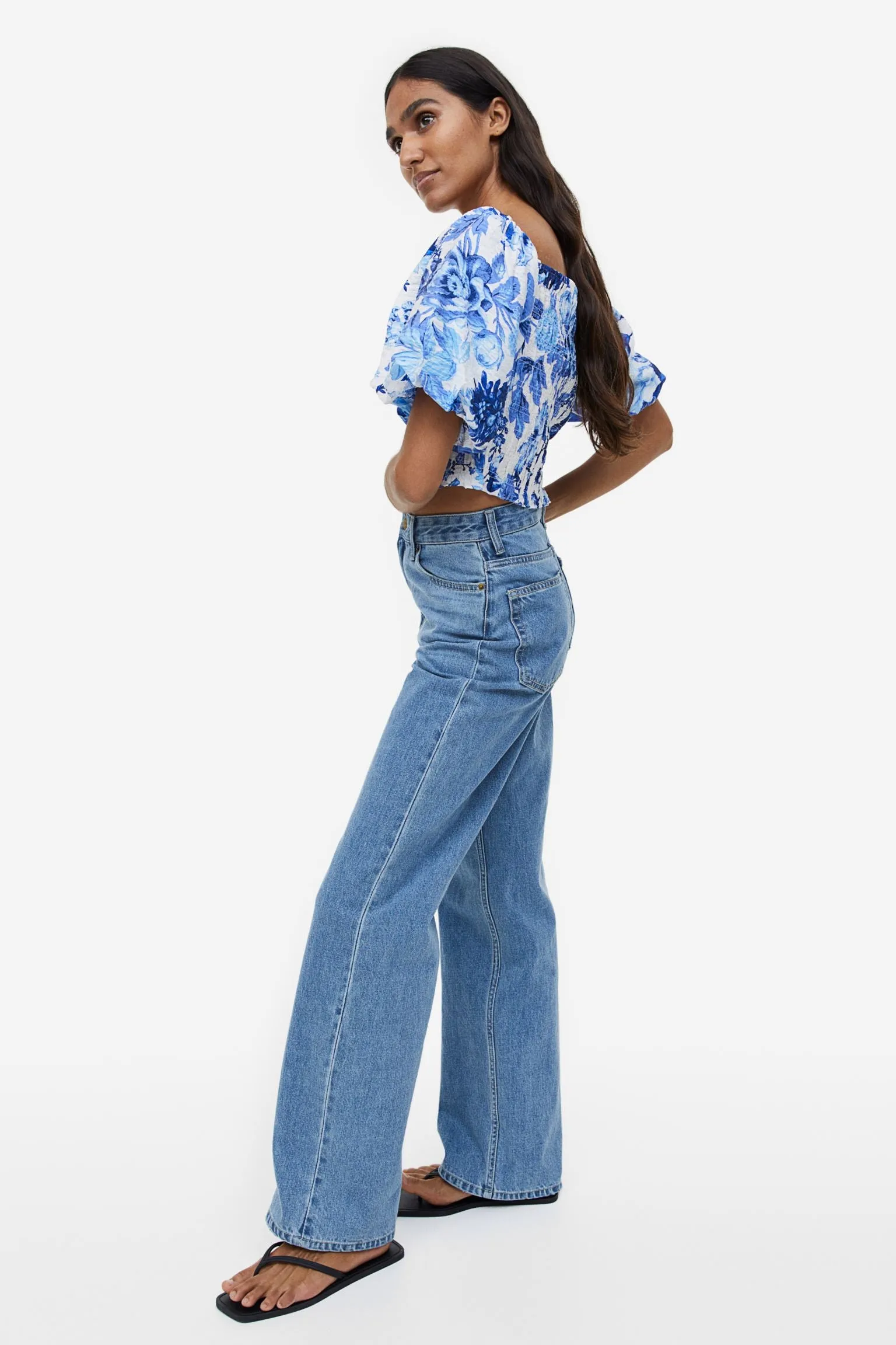 H&M Open-backed Rib-knit blouse, white/blue