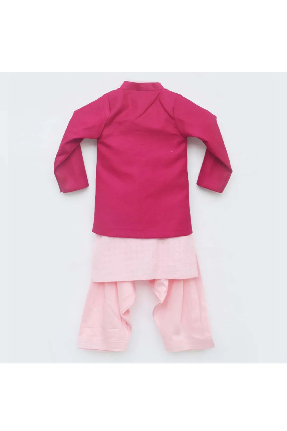 Hot pink deer motif jacket with baby pink kurta and salwar
