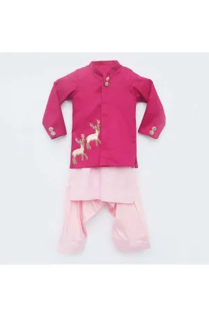 Hot pink deer motif jacket with baby pink kurta and salwar