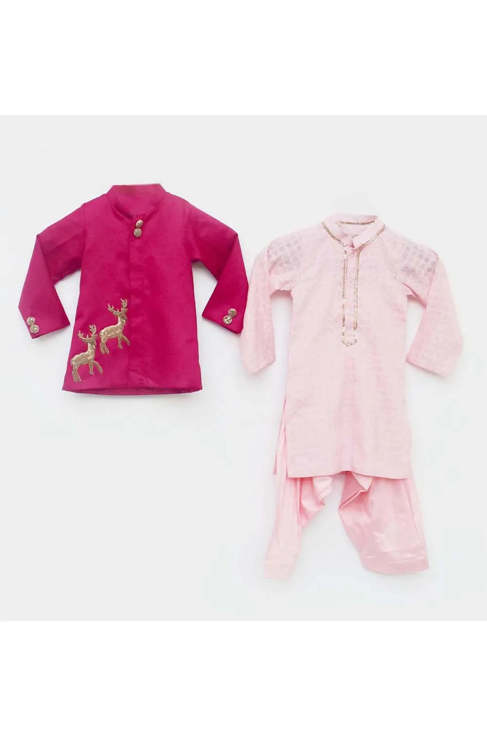 Hot pink deer motif jacket with baby pink kurta and salwar