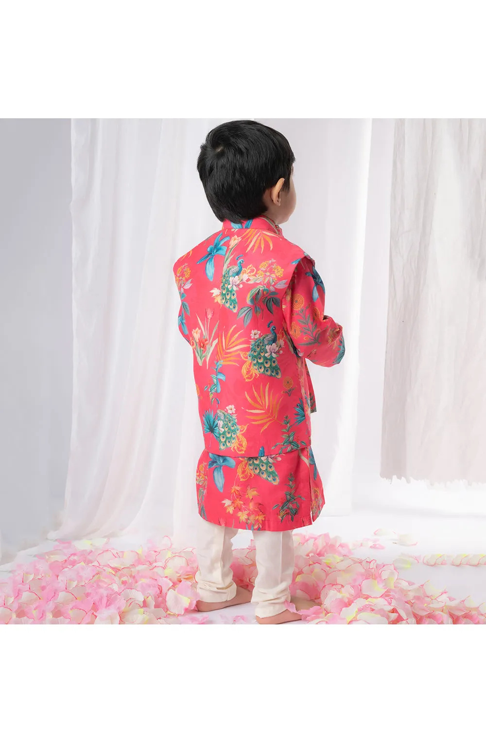 Hot Pink Peacock Printed Kurta With Jacket Set