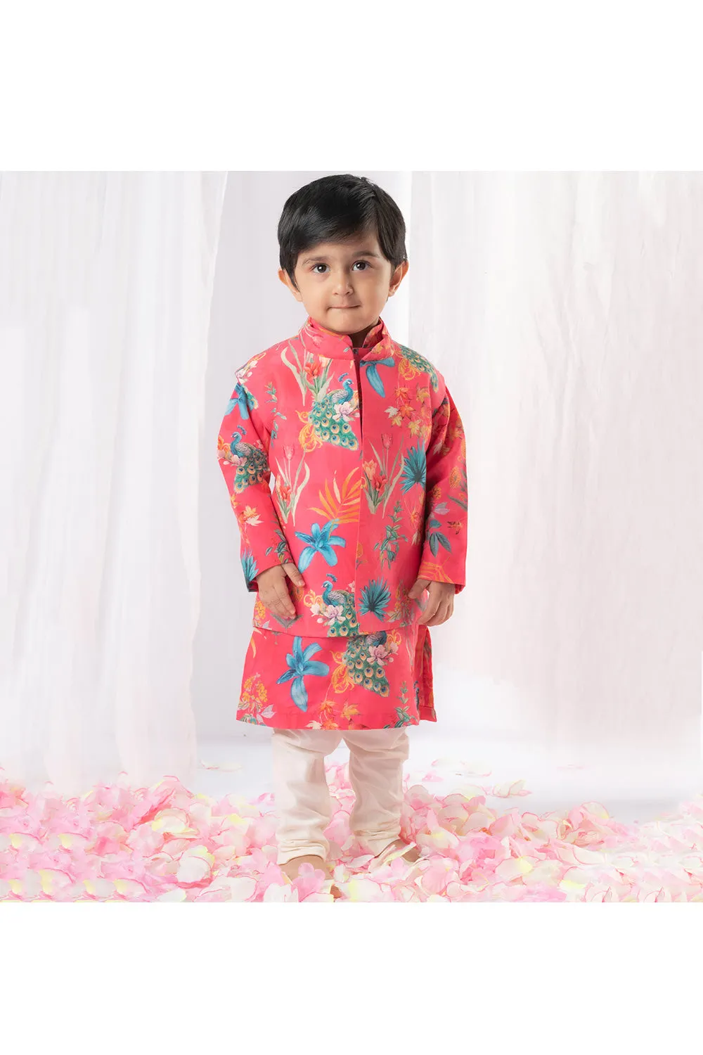 Hot Pink Peacock Printed Kurta With Jacket Set
