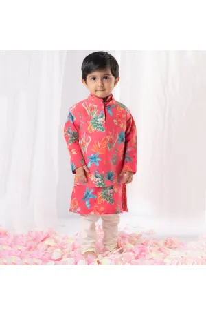 Hot Pink Peacock Printed Kurta With Jacket Set