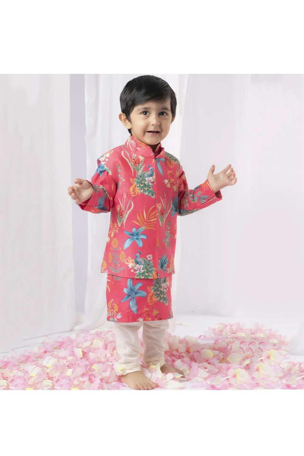 Hot Pink Peacock Printed Kurta With Jacket Set
