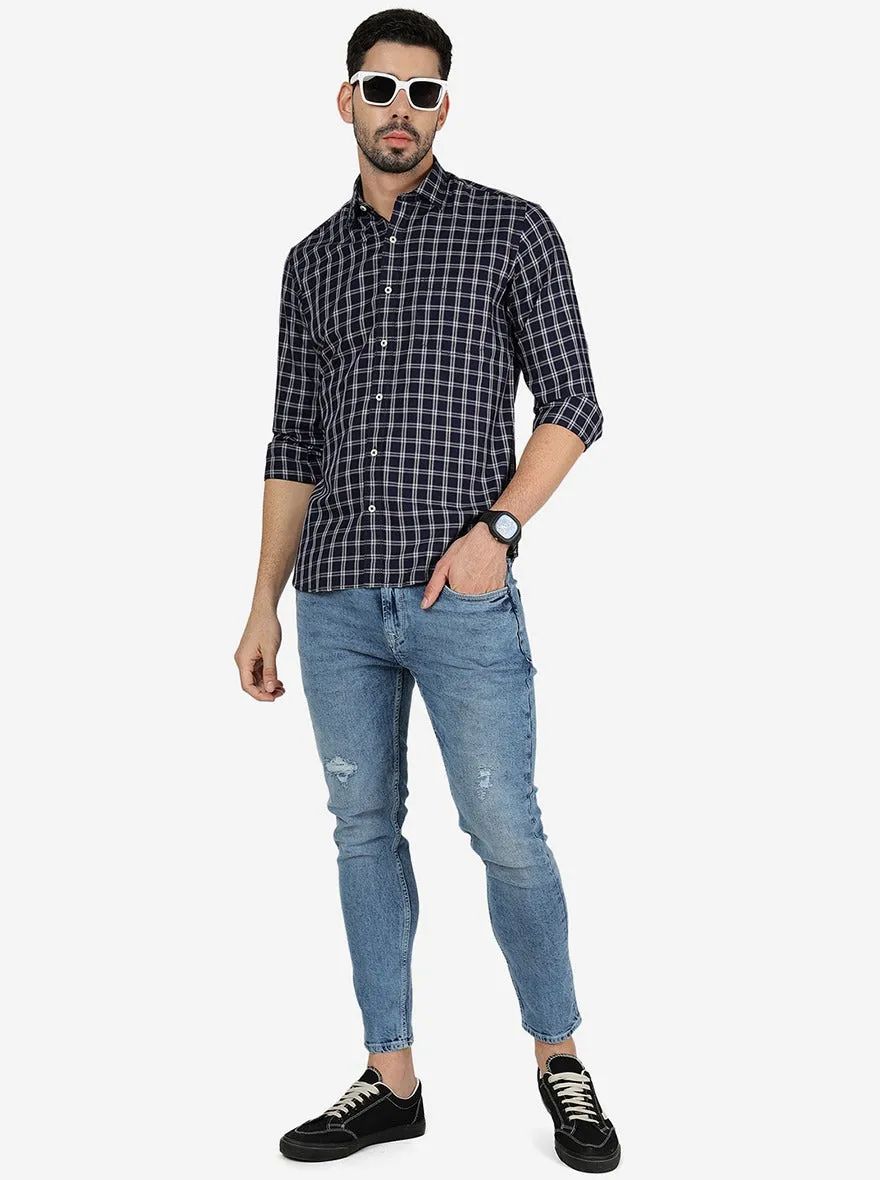 Ink Blue Checked Slim Fit Semi Casual Shirt | JadeBlue