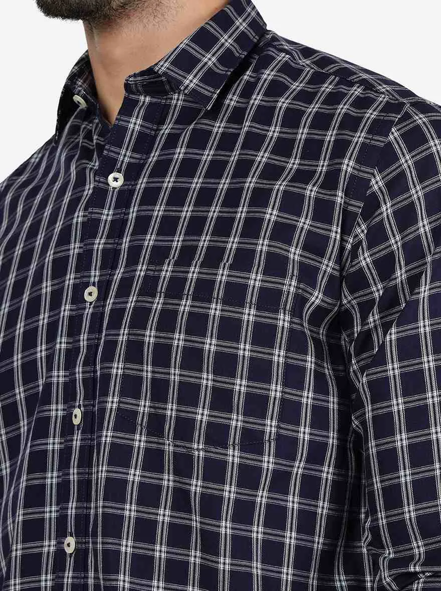 Ink Blue Checked Slim Fit Semi Casual Shirt | JadeBlue