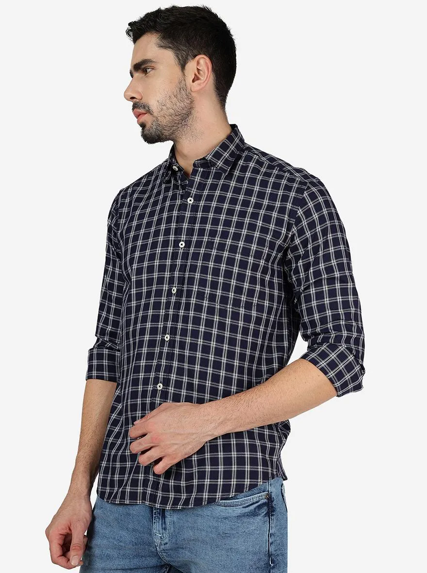 Ink Blue Checked Slim Fit Semi Casual Shirt | JadeBlue