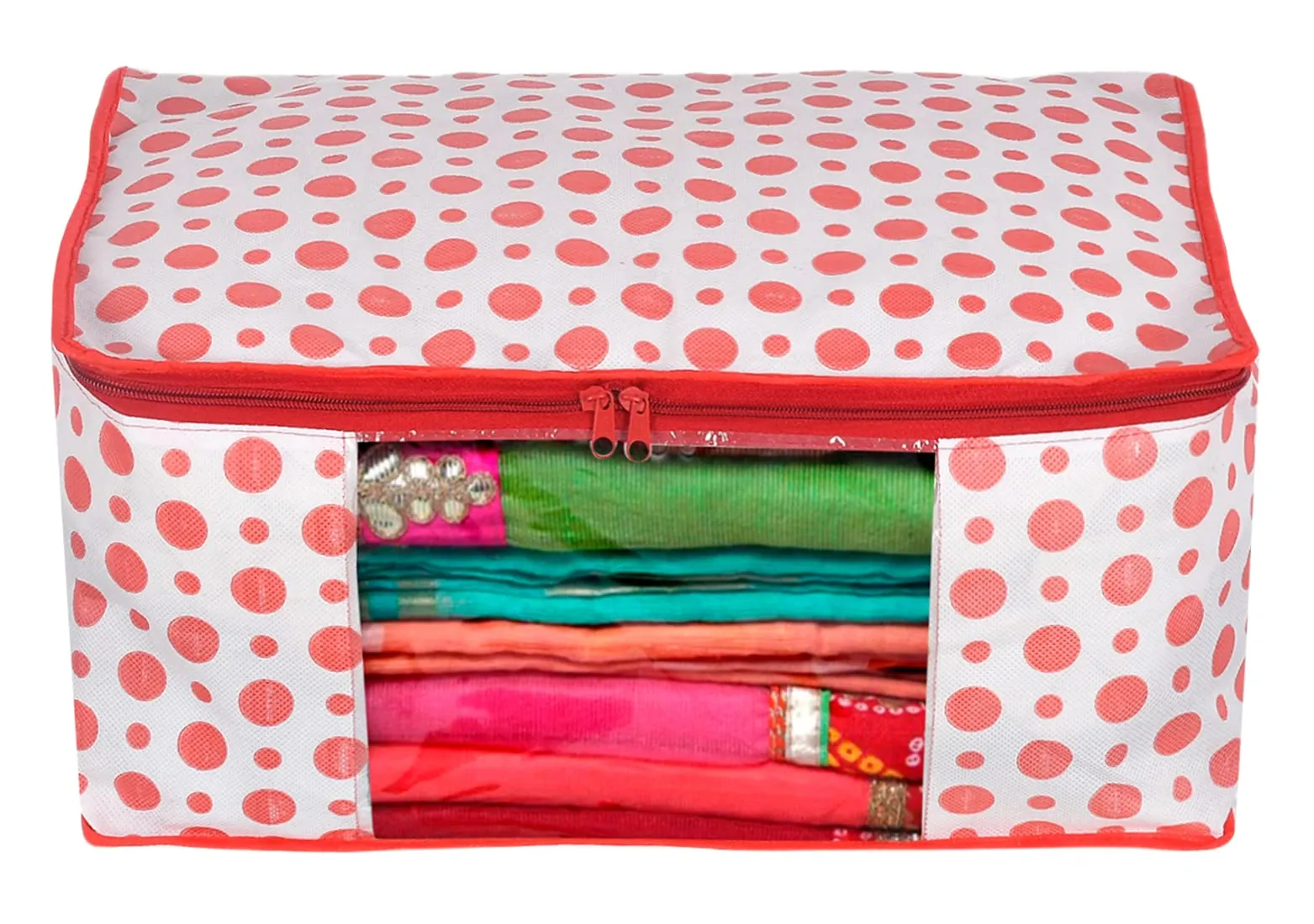 Kuber Industries Dot Printed Non-Woven Blouse & Saree Cover, Cloth Organizer Set, Wardrobe Organiser With Tranasparent Window- Pack of 6 (Pink)-46KM0476