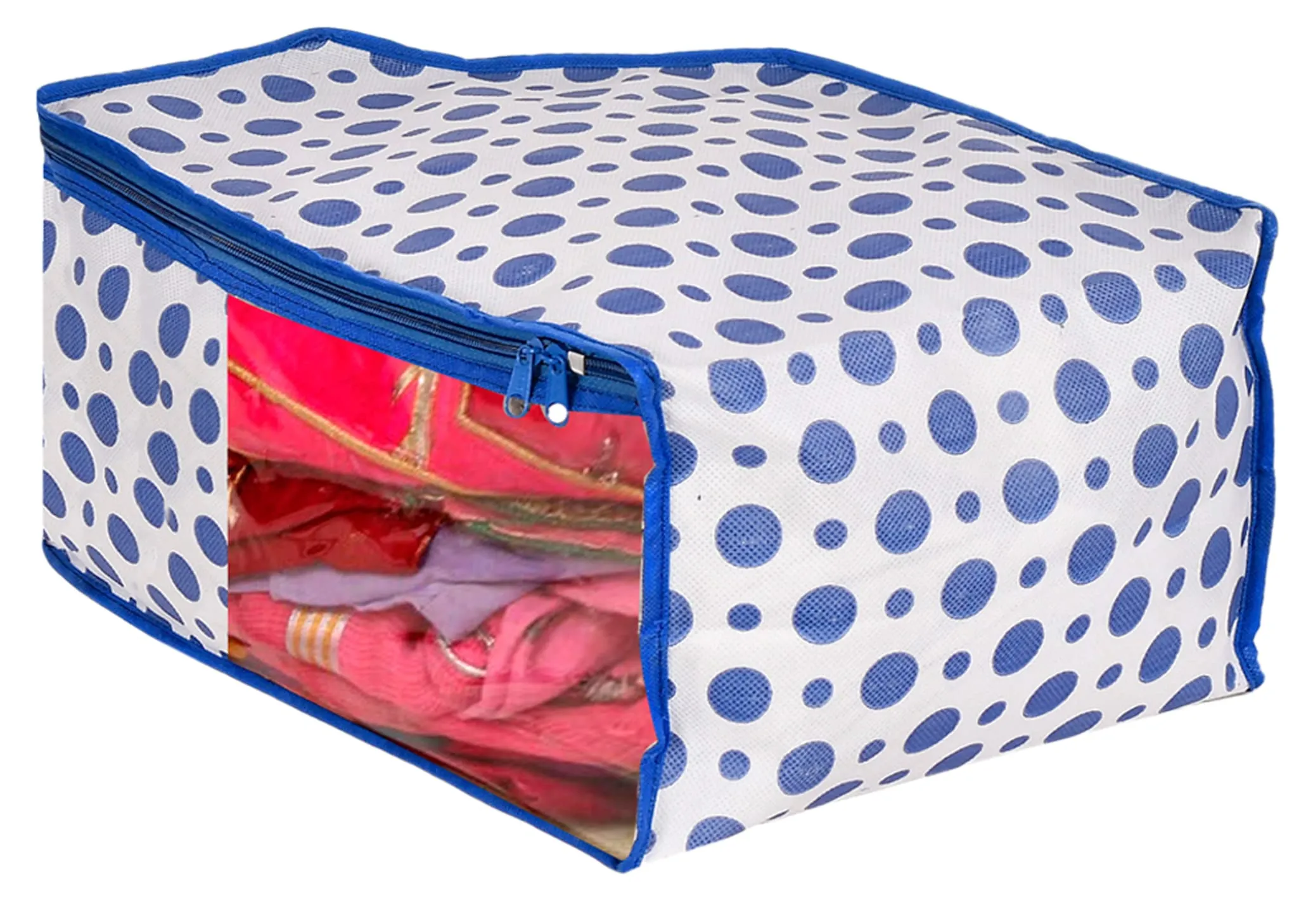 Kuber Industries Dot Printed Non-Woven Blouse Cover, Cloth Organizer, Wardrobe Organiser With Tranasparent Window- Pack of 6 (Blue)-46KM0310