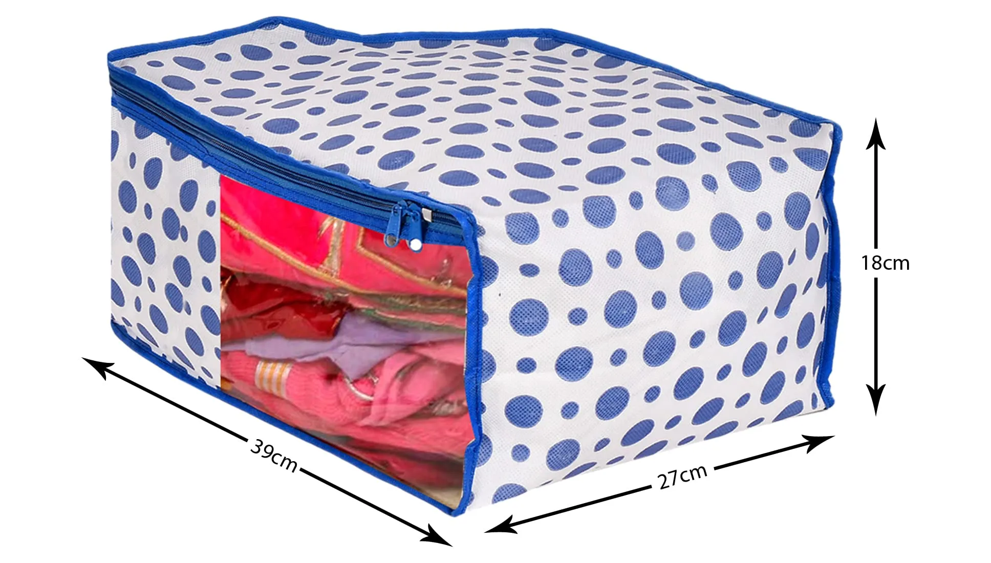 Kuber Industries Dot Printed Non-Woven Blouse Cover, Cloth Organizer, Wardrobe Organiser With Tranasparent Window- Pack of 6 (Blue)-46KM0310