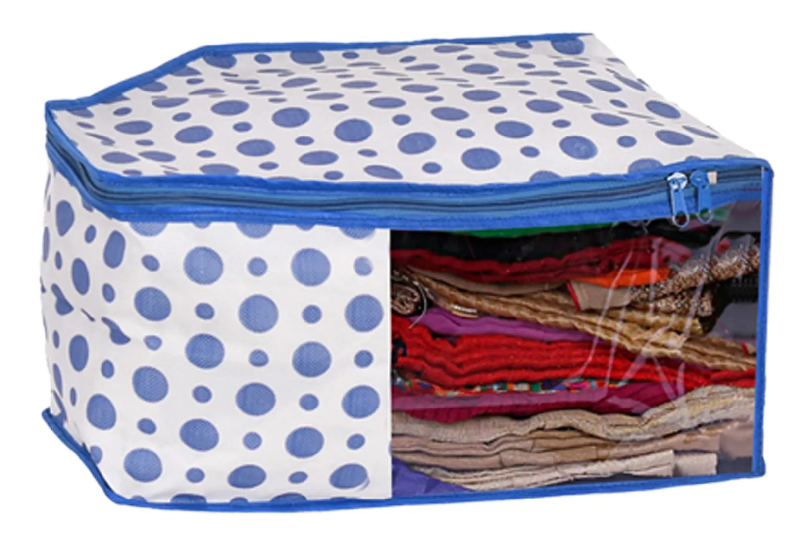Kuber Industries Dot Printed Non-Woven Blouse Cover, Cloth Organizer, Wardrobe Organiser With Tranasparent Window- Pack of 6 (Blue)-46KM0310