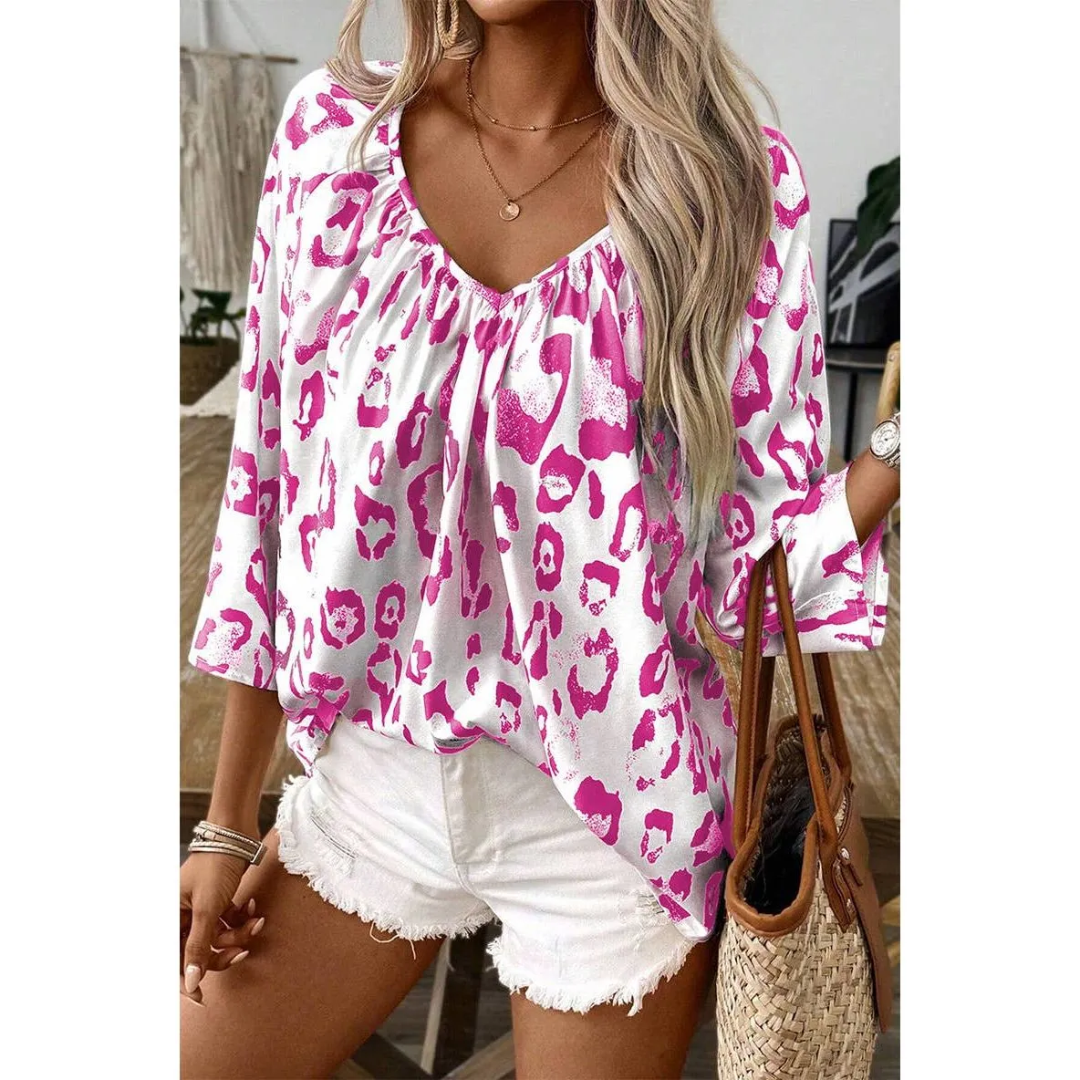 LEOPARD PRINT V-NECK SEVEN-POINT SLEEVE TOP: BLACK / (S) 1