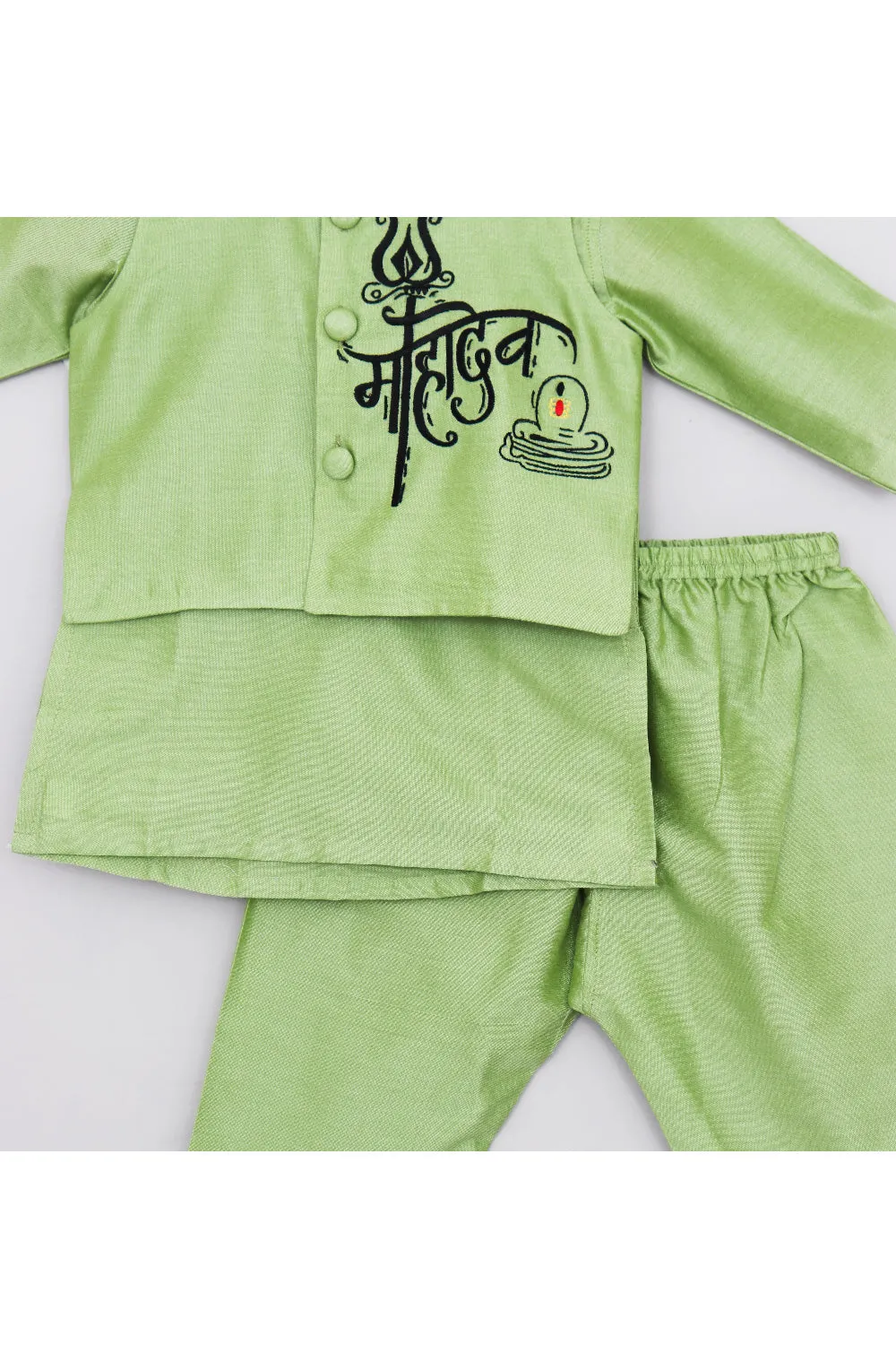 Mint Green Cotton Silk Kurta With Mahadev Embroidered Jacket Set