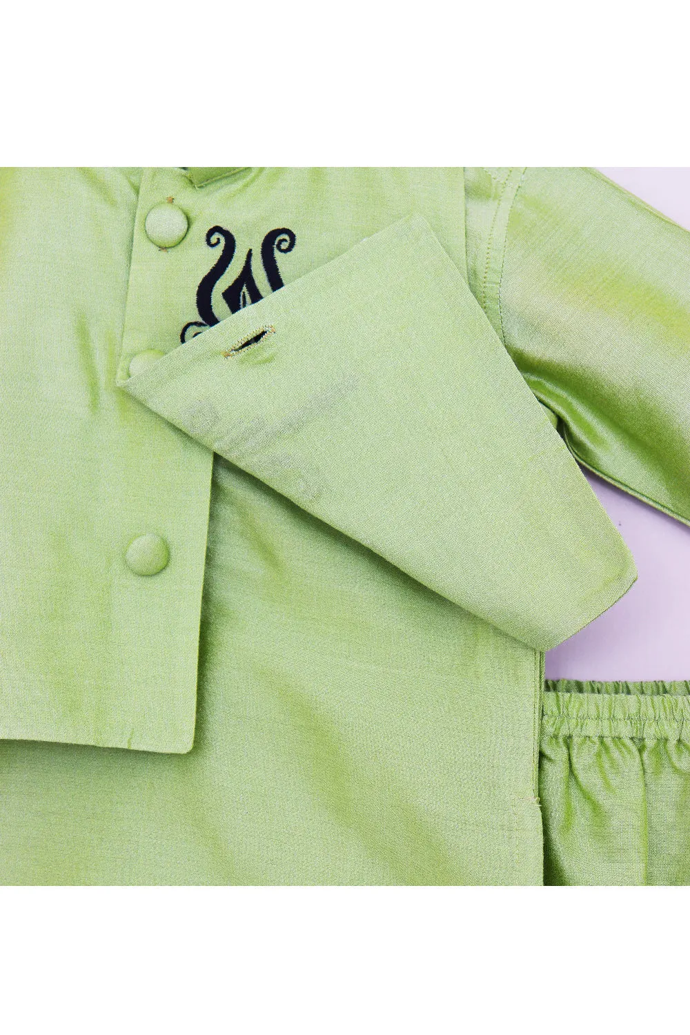 Mint Green Cotton Silk Kurta With Mahadev Embroidered Jacket Set