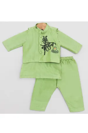 Mint Green Cotton Silk Kurta With Mahadev Embroidered Jacket Set