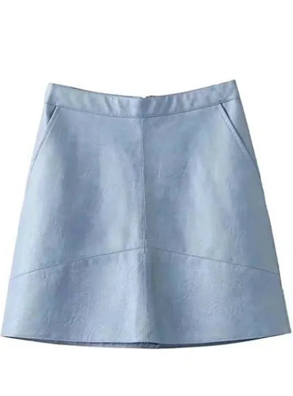 PU Leather Skirts Brief Pockets Back Zipper Faldas