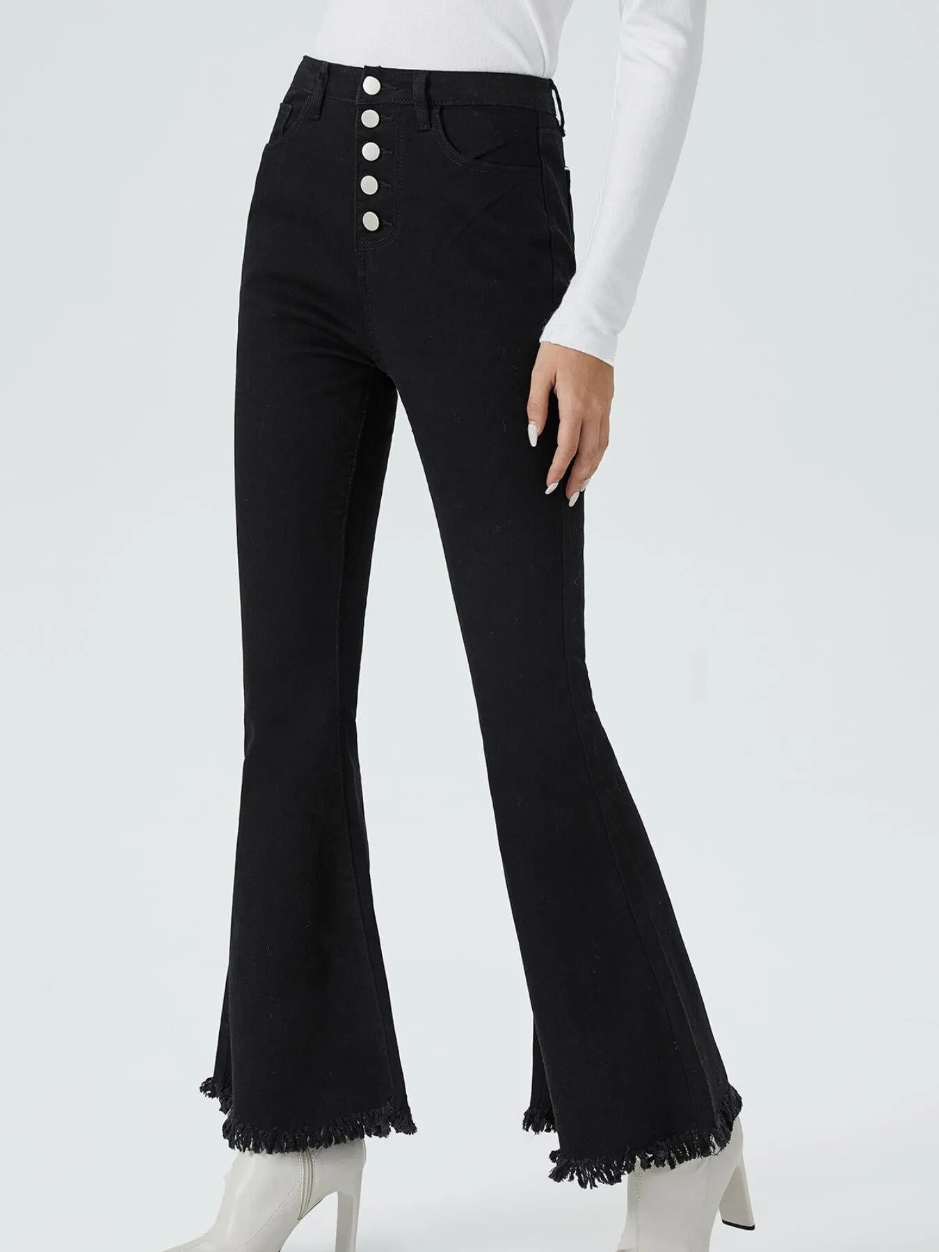 Raw Hem Button Front Flare Leg Jeans