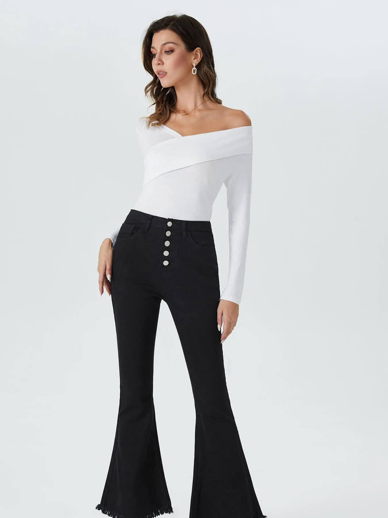 Raw Hem Button Front Flare Leg Jeans