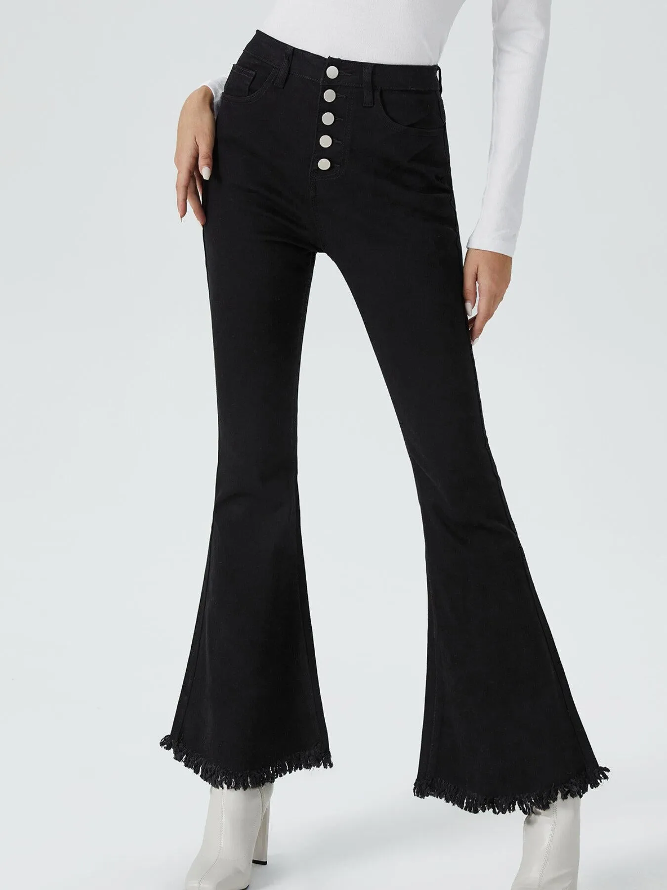 Raw Hem Button Front Flare Leg Jeans