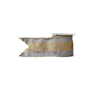 Raz Imports 2021 Chalet 4-inch x 5 Yards Grey And Gold Jeweled Wired Ribbon
