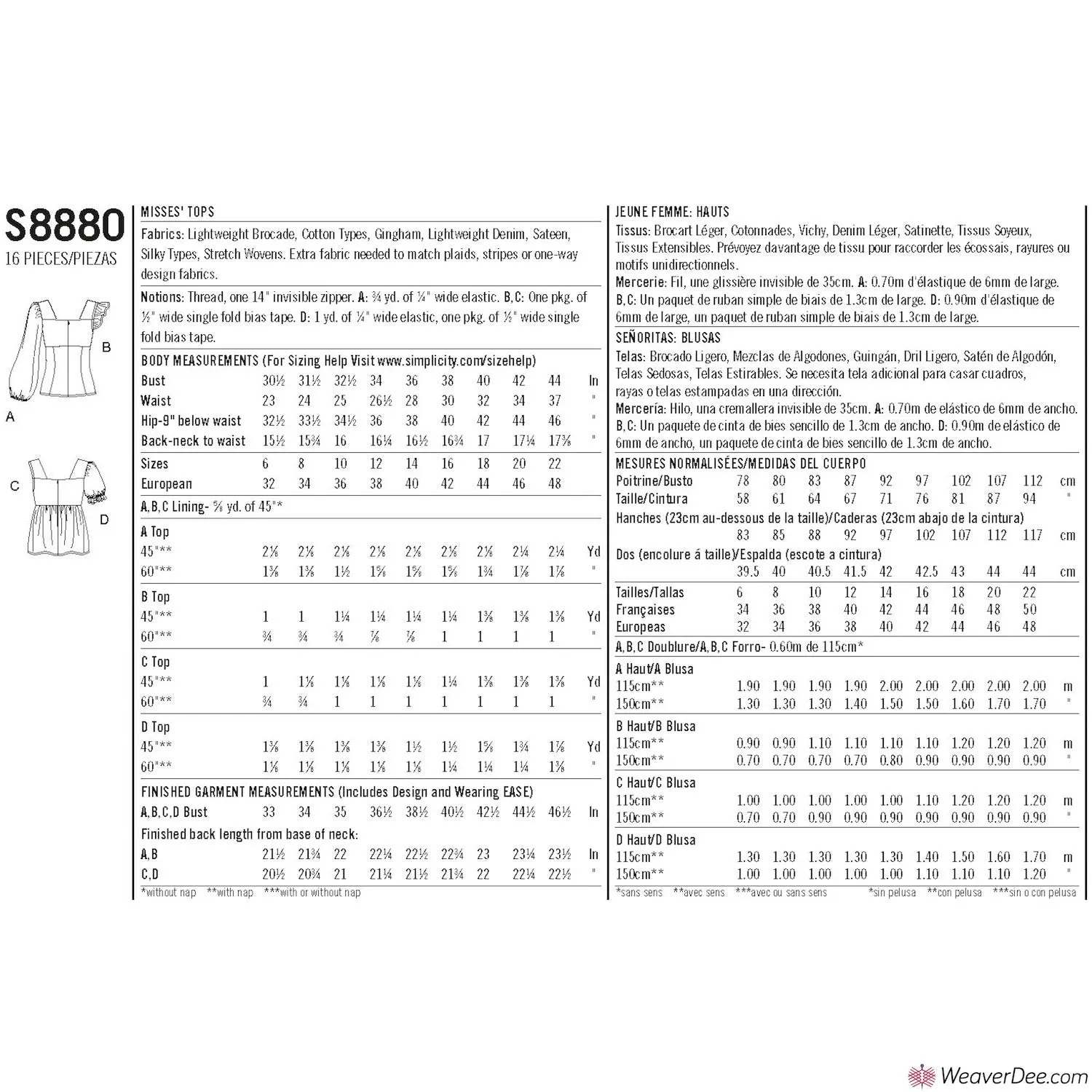 Simplicity Pattern S8880 Misses' Tops