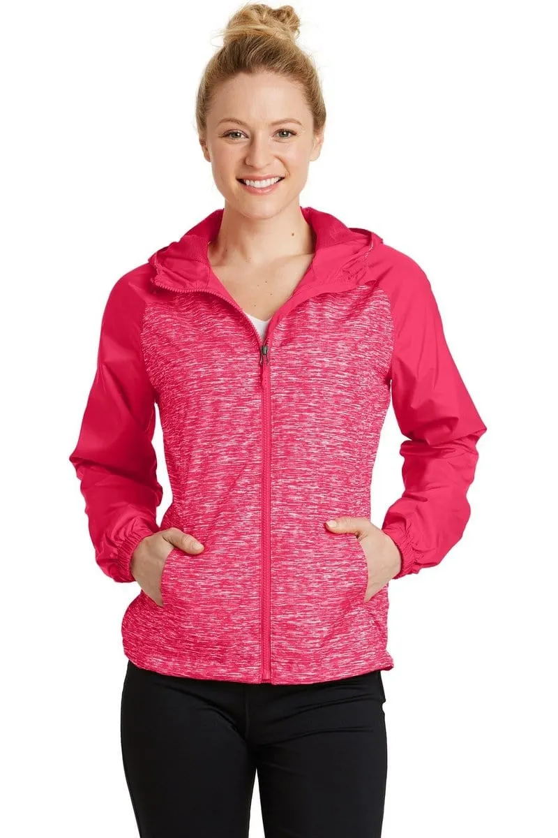 Sport-Tek LST40: Ladies Heather Colorblock Raglan Hooded Wind Jacket
